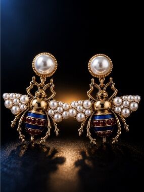 Pearl Bee Drop Earrings - Gold and Blue